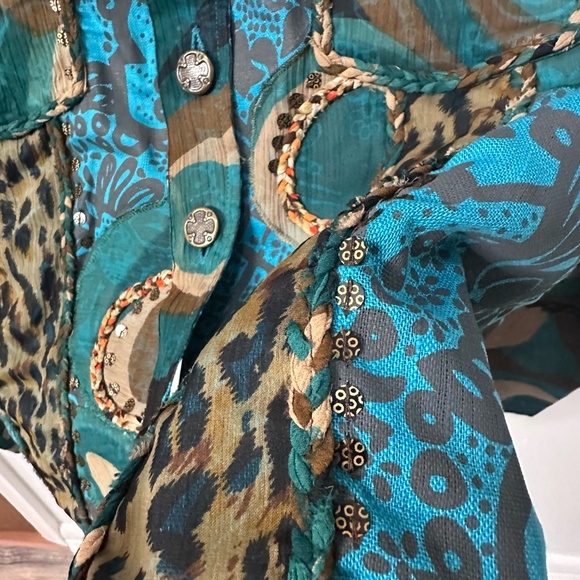 Vintage Sandy Starkman Turquoise & Brown Silk Jacket Size M Sequins Hippie Boho - Picture 9 of 10